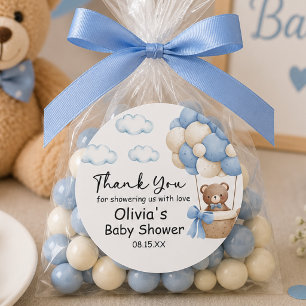 Sticker Rond Ours en peluche bleu Merci Faveur de Baby Shower