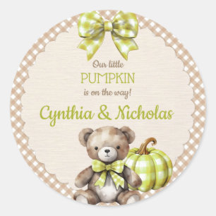 Sticker Rond Ours en peluche carreaux d'automne Citrouille Vert