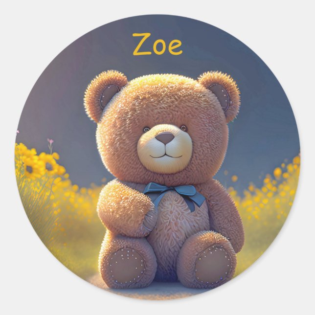 Sticker Rond Ours en peluche dans une prairie, coutume mignonne (Devant)