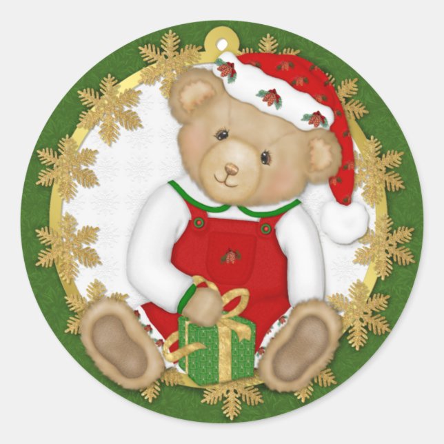 Sticker Rond Ours en peluche de Noël - Garçon (Devant)