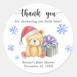Sticker Rond Ours en peluche d'hiver avec cadeau de Noël merci