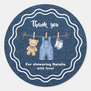 Sticker Rond Ours en peluche en denim Blue Jean pour Baby Showe