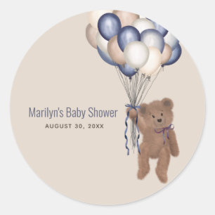Sticker Rond Ours en peluche et ballons Baby shower bleu d'atte