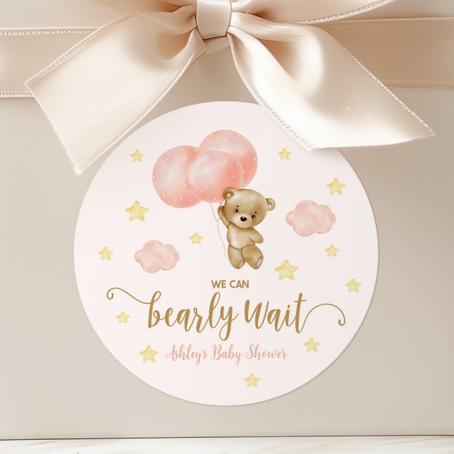 Sticker Rond Ours en peluche et ballons roses Baby shower Favor (Créateur téléchargé)