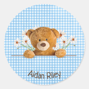 Sticker Rond ours en peluche et marguerites sur en vichy bleu