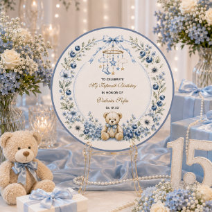 Sticker Rond Ours en peluche floral bleu pour fête d'anniversai