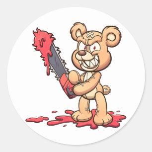 Sticker Rond ours en peluche maléfique tenant une tronçonneuse