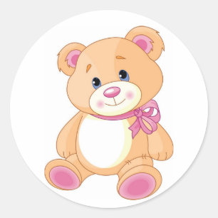 Sticker Rond Ours en peluche mignon avec ruban rose