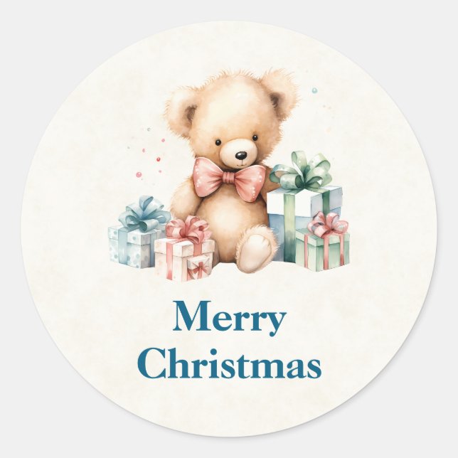 Sticker Rond Ours en peluche mignonne avec cadeaux de Noël (Devant)
