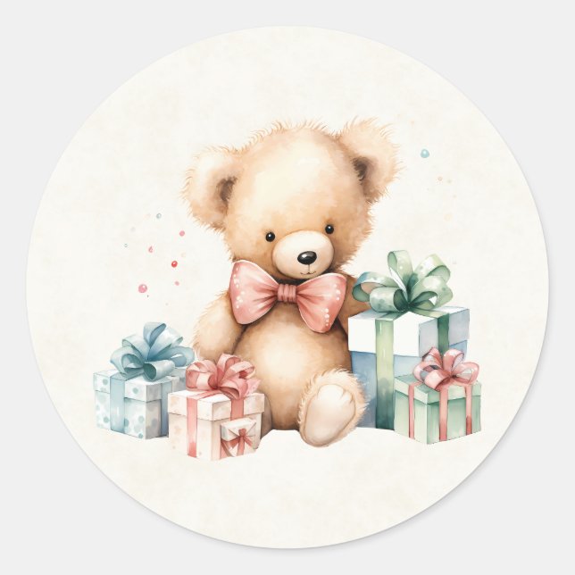 Sticker Rond Ours en peluche mignonne avec cadeaux de Noël (Devant)