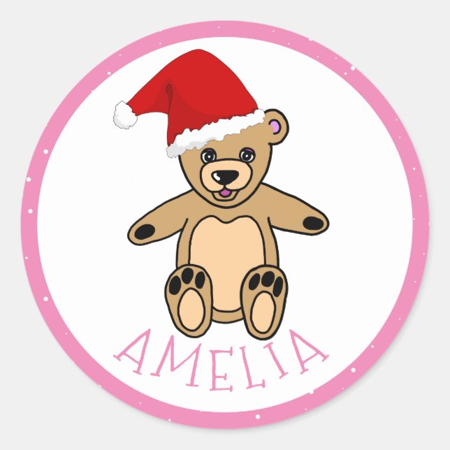 Sticker Rond Ours en peluche mignonne avec chapeau de Noël Ki (Devant)