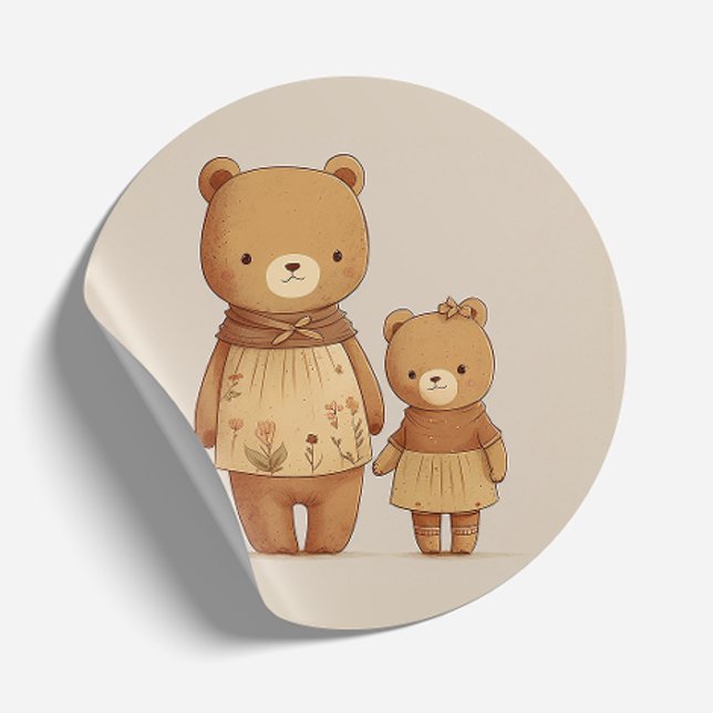 Sticker Rond Ours en peluche mignonne maman et ours bébé. Fête  (Créateur téléchargé)