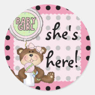 Sticker Rond Ours en peluche noir point sur rose