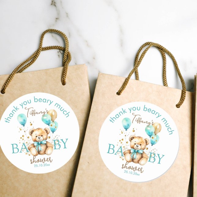 Sticker Rond Ours en peluche patienter aqua bleu baby shower fa (Teddy bear baby shower thank you favor gift stickers aqua blue and brown fluffy teddy with balloons)