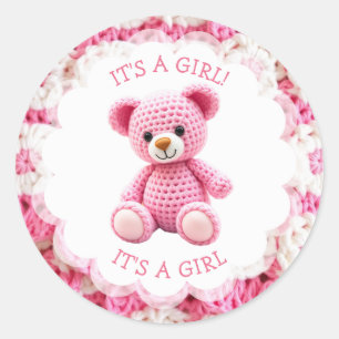 Sticker Rond Ours en peluche rose au crochet C'est une fille