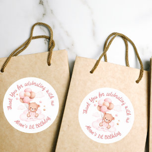 Sticker Rond Ours en peluche rose avec ballons sur nuages perso