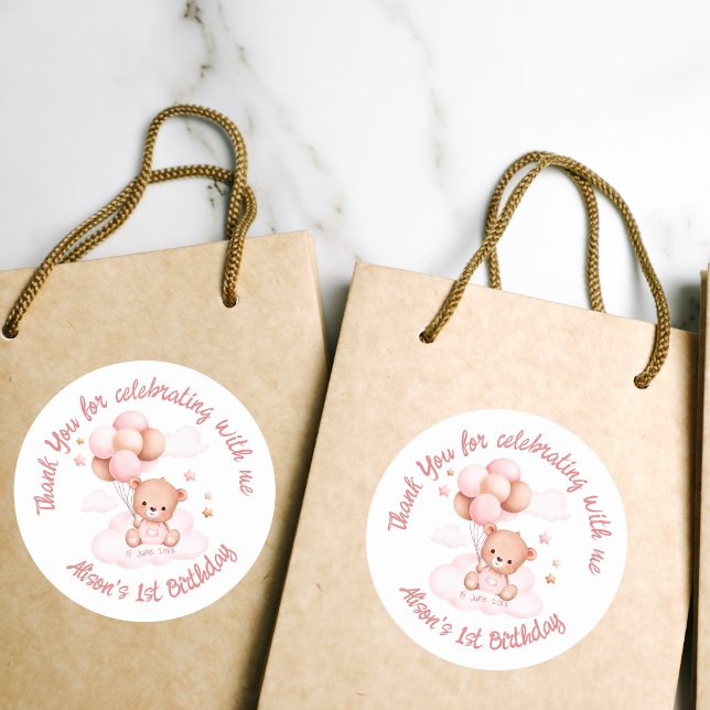 Sticker Rond Ours en peluche rose avec ballons sur nuages perso (Créateur téléchargé)