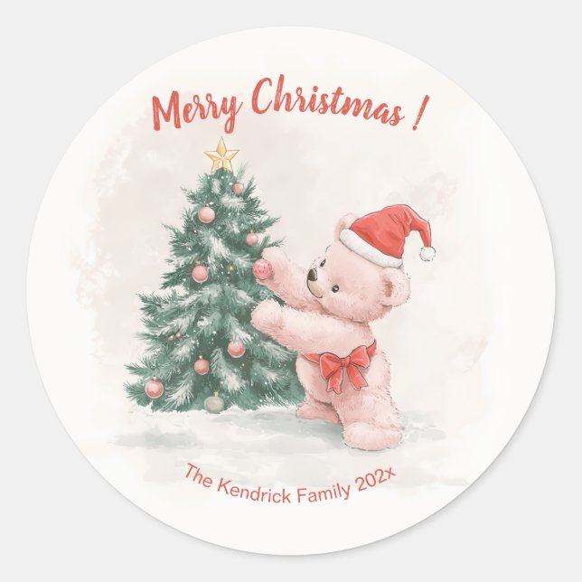 Sticker Rond Ours en peluche rose Noël rétro (Devant)