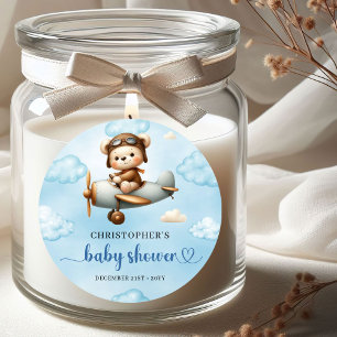 Sticker Rond Ours en peluche rustique Aviateur Bleu Marron Garç