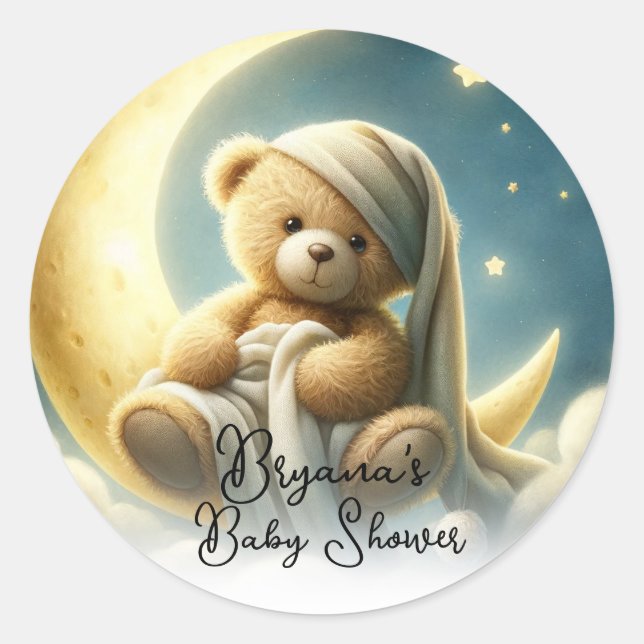 Sticker Rond Ours en peluche sur lune Lumière étoiles Baby Show (Devant)