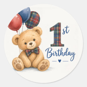 Sticker Rond Ours en peluche tartan aquarelle 1er anniversaire
