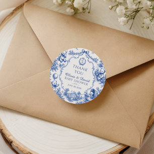 Sticker Rond Ours en peluche Toile Bleue Baby Shower Merci