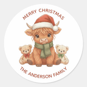 Sticker Rond Ours en peluche Vache des Highlands Noël Nom de fa