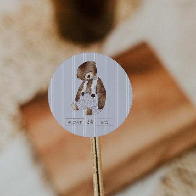 Sticker Rond Ours en peluche vintage bleu rayé (Créateur téléchargé)