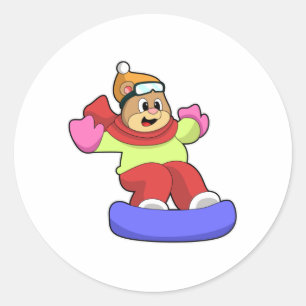 Sticker Rond Ours en snowboard avec snowboard