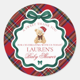 Sticker Rond Ours en tartan rouge pour la fête de bébé Noël