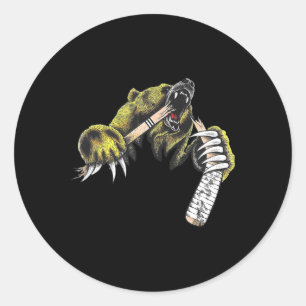 Sticker Rond Ours Grizzly Éclatant Bien Que Mordant Bâton de Ho
