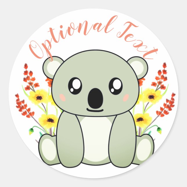 Sticker Rond Ours Koala mignon avec fleurs (Devant)