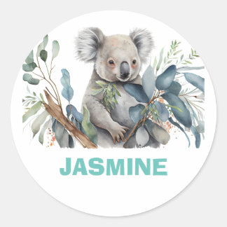 Sticker Rond Ours koala mignon, eucalyptus