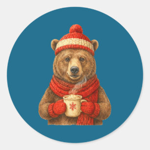 Sticker Rond Ours mignon avec chapeau de Père Noël amateur de c