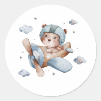 Sticker Rond ours mignon volant sur l'aquarelle de l'avion