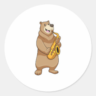 Sticker Rond Ours musicien avec saxophone