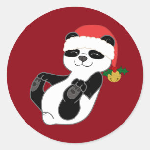 Sticker Rond Ours panda de Noël avec le casquette et le Jingle