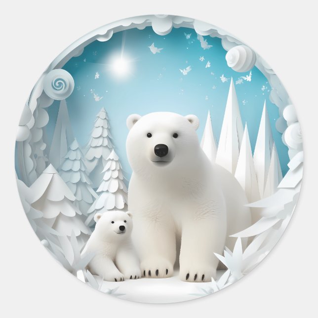 Sticker Rond Ours polaire avec petit Océan Arctique Hiver blanc (Devant)