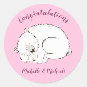Sticker Rond Ours polaire Baby shower fille rose