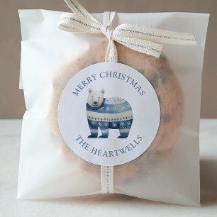 Sticker Rond Ours polaire bleu aquarelle Joyeux Noël