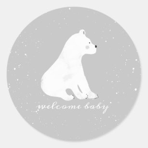 Sticker Rond Ours polaire Cub hiver neige gris Baby shower