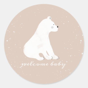 Sticker Rond Ours polaire Cub hiver neige rose Baby shower
