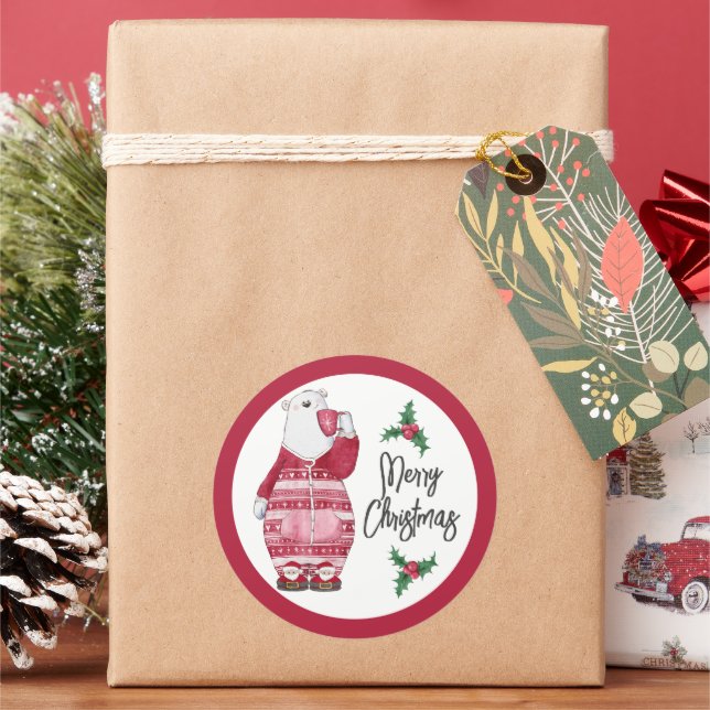 Sticker Rond Ours polaire d'hiver en pyjama avec cacao (vacances)