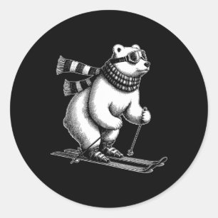 Sticker Rond Ours Polaire Drôle Aime Skier Dans La Neige Sur De