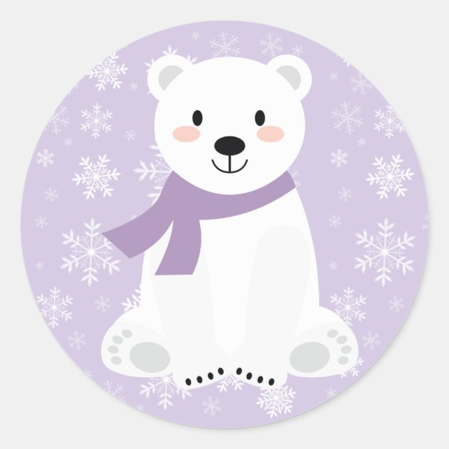 Sticker Rond Ours Polaire Fille Mignonne Flocon de Neige Violet (Devant)