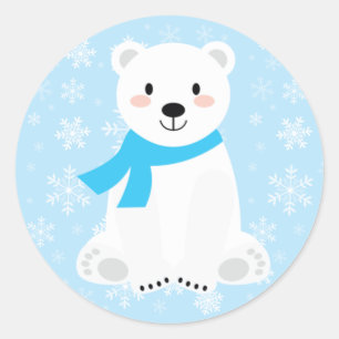 Sticker Rond Ours Polaire Garçon Mignon Flocon de Neige Hiver B