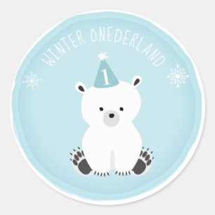 Sticker Rond Ours polaire Hiver Onederland Bleu Anniversaire