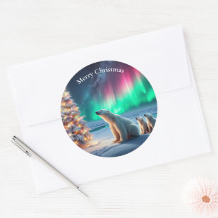 Sticker Rond Ours Polaire Maman Cubs Arbre de Noël Lumières du