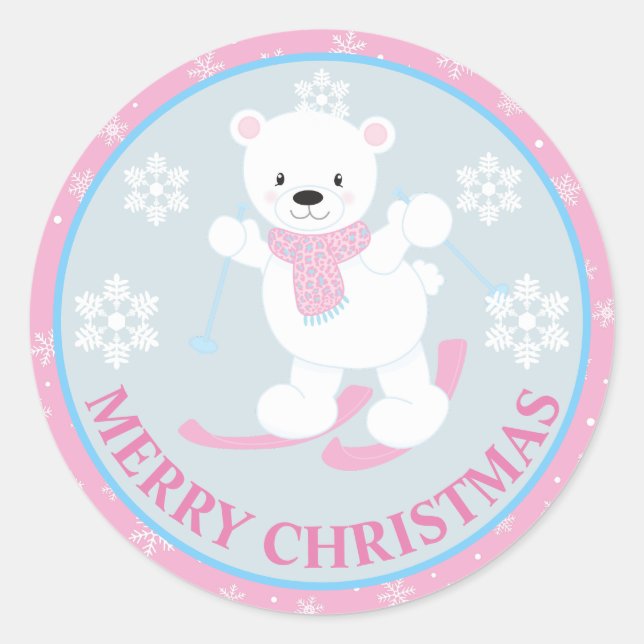 Sticker Rond Ours polaire mignon et flocons de neige Noël rose (Devant)