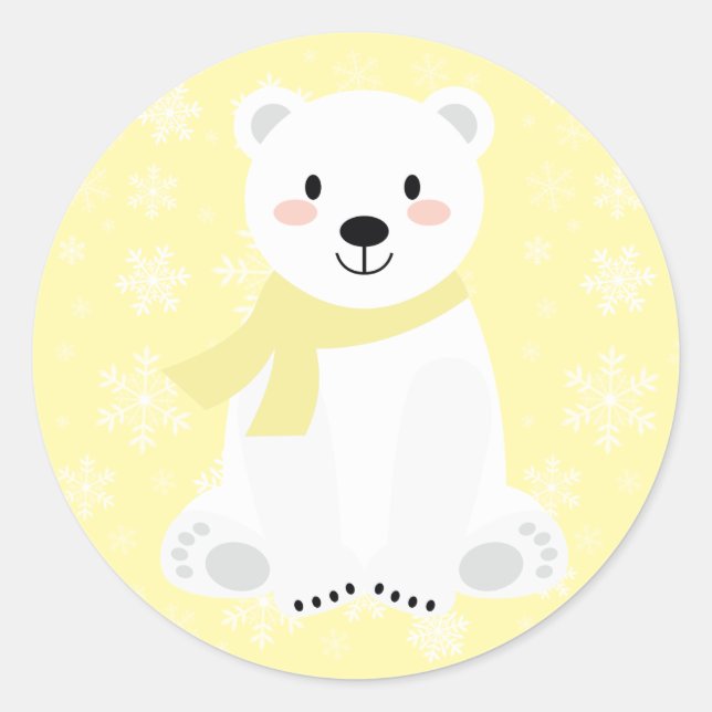 Sticker Rond Ours Polaire Mignon Hiver Flocon Jaune (Devant)